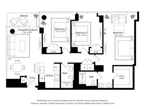 Floor plan for 3 beds, 2 baths, 1515 sqft